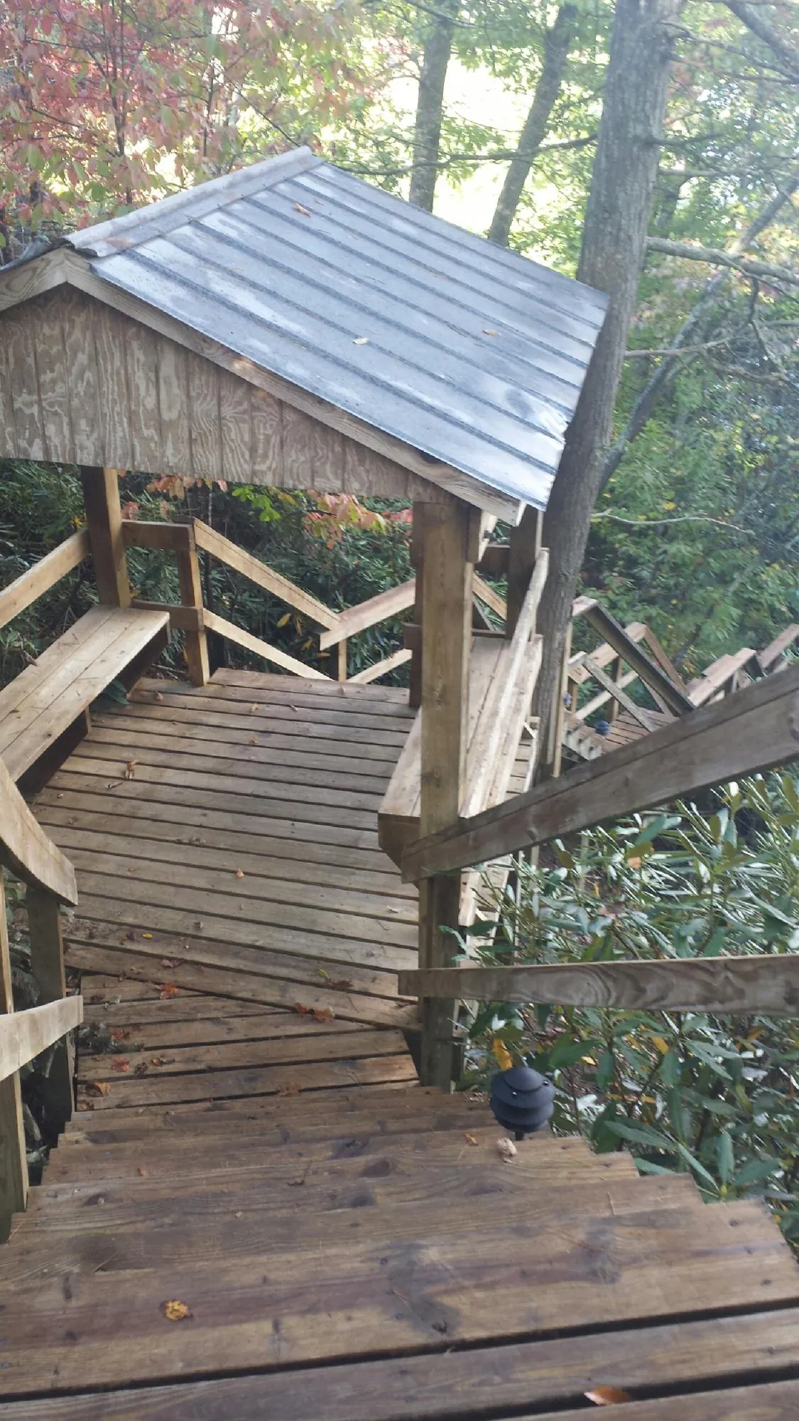 Metal roofed shelter over wooden steps on a wooded walkway — Skylight Repair & Installation work by our crew in Steen